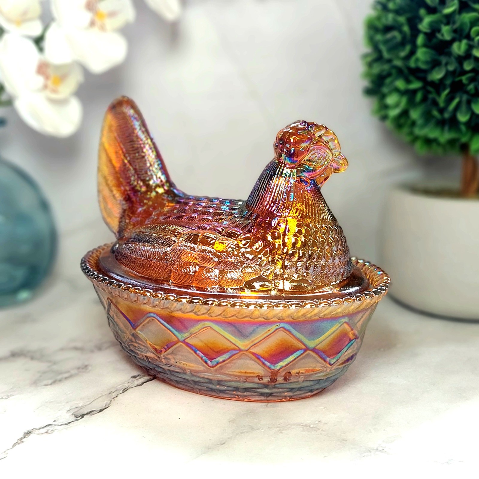 Golden Amber Carnival Glass Hen on Nest Chicken Candy Dish, Depression Style
