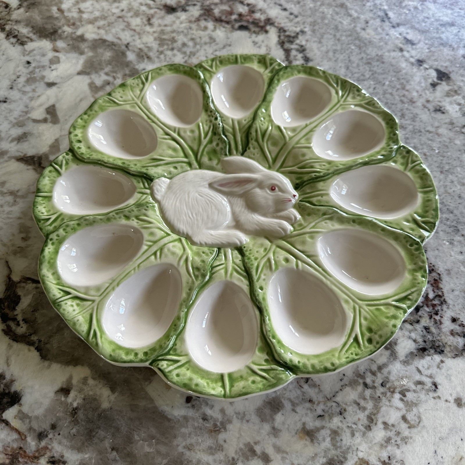 Vintage Strata Bunny Lane Deviled Egg Platter Green Cabbage Easter Rabbit