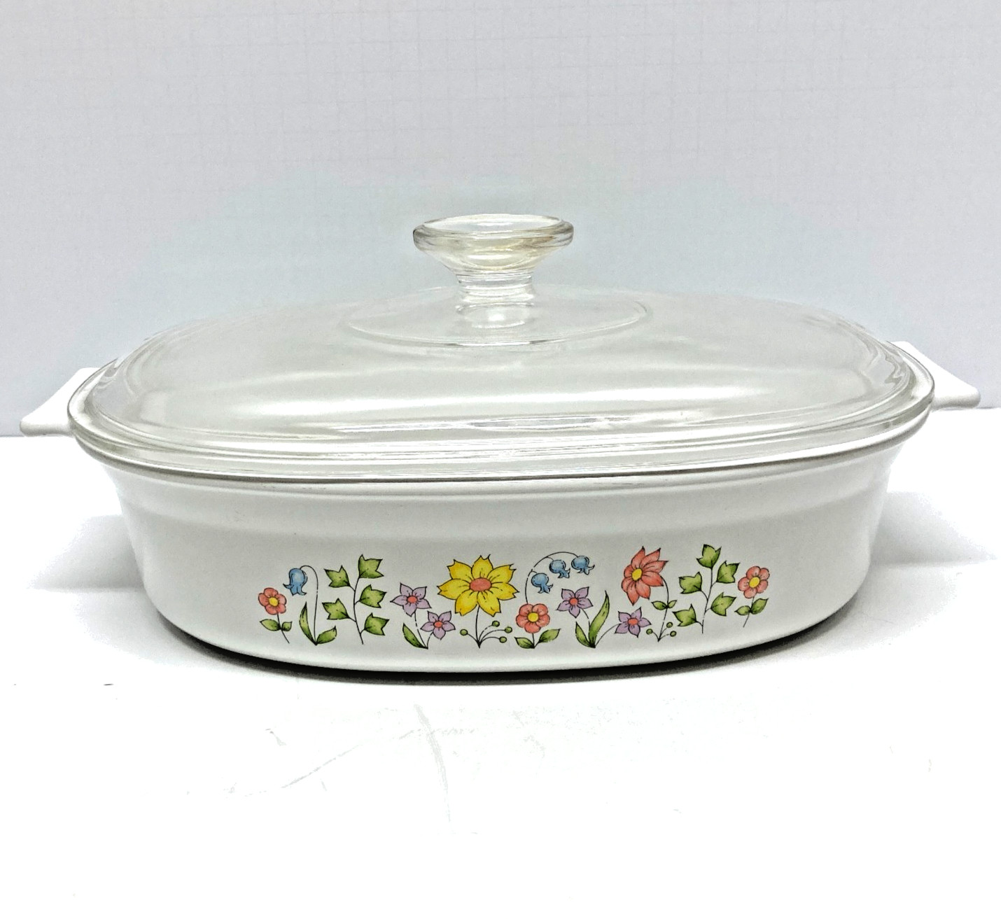 Corning Ware Meadow DC-1 1/2-B W/ Lid Oval Spring Time Flowers 12 x 9″ Vintage