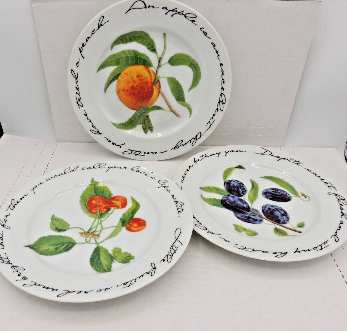 3 Williams Sonoma Orchard Suite Salad Plates Peach Plum Cherries