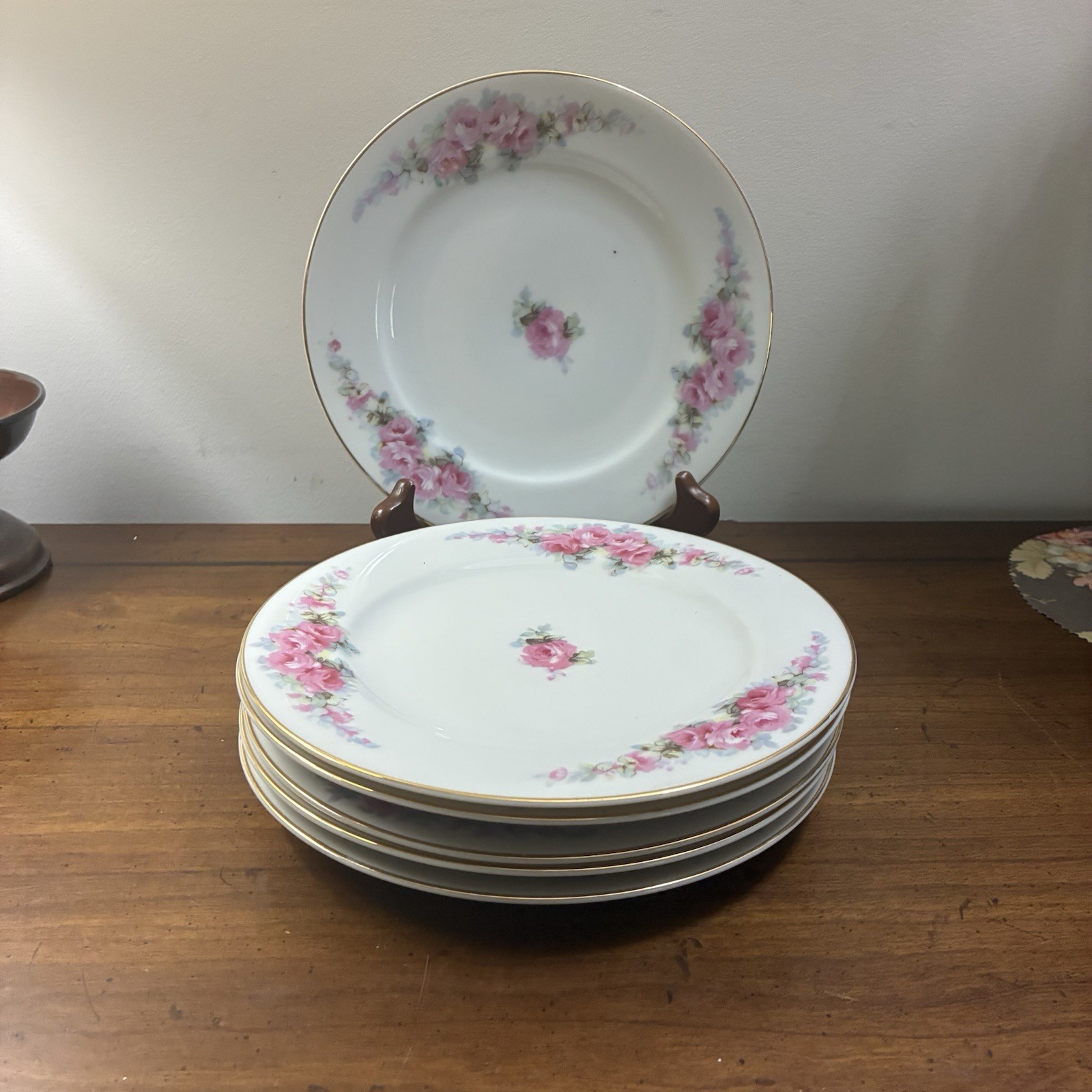 6 Vintage Fine China Corona Salad Plates Pink Roses Made In Occupied Japan