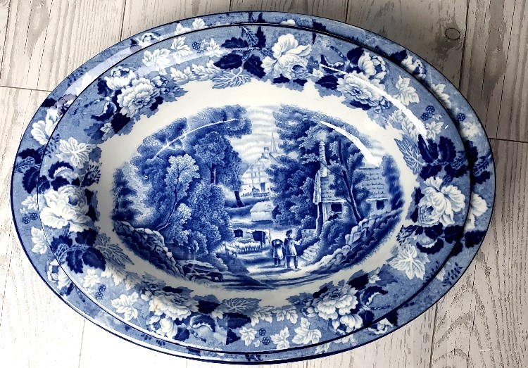 Blue Enoch Woods Ware English Scenery 2 Nesting Oval Serving Bowls Transferware