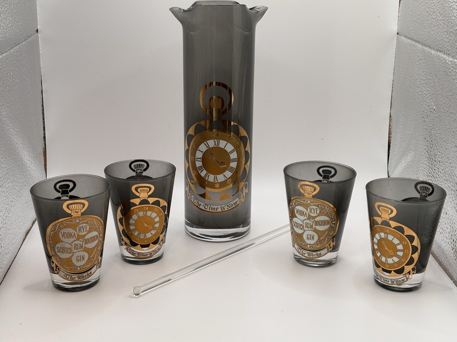 MCM Cocktail Pitcher /4 Tumblers / Stirrer “The Time Is Now” 22K Gold Pristine