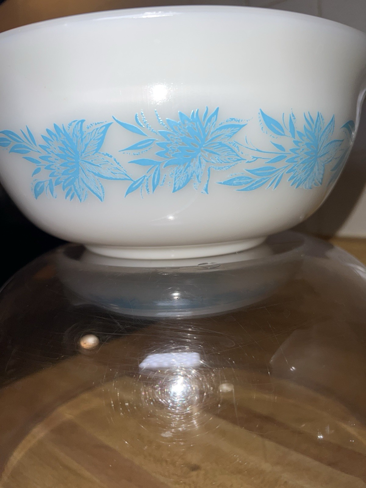 Vintage Glasbake Milk Glass Blue Thistle Flower Bowl Set Of 2 EUC 8.5 And 9”