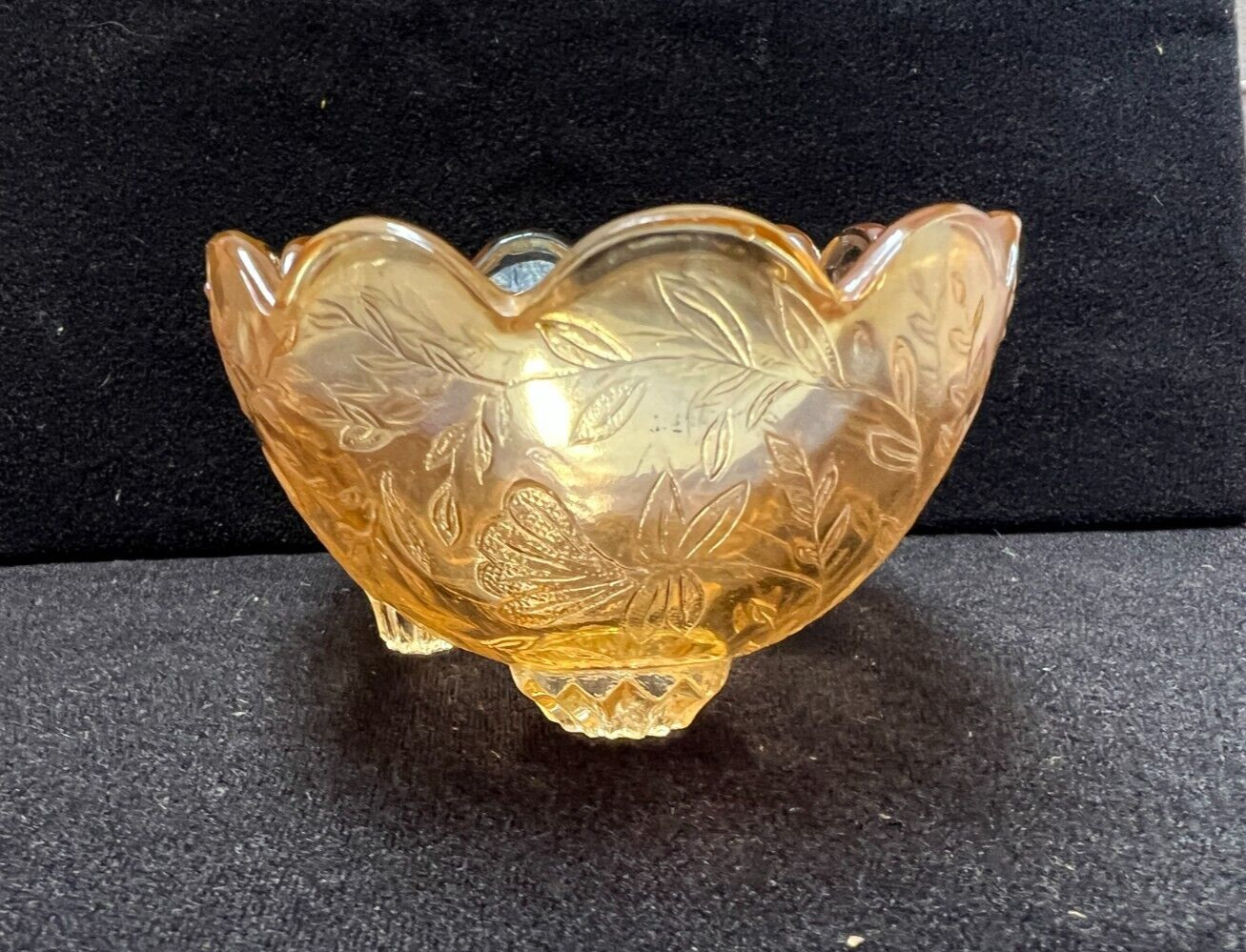 Vtg Jeanette Flora Amber Iridescent Carnival Glass Small Candy Dish bowl 4 feet