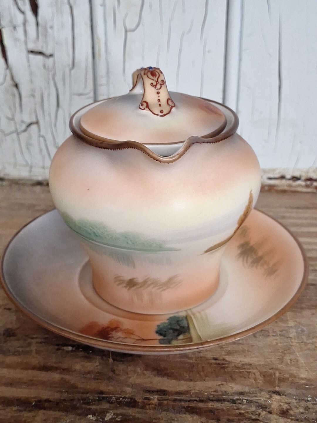 Antique Morimura Nippon Hand Painted Porcelain Creamer with lid, Saucer Moriage