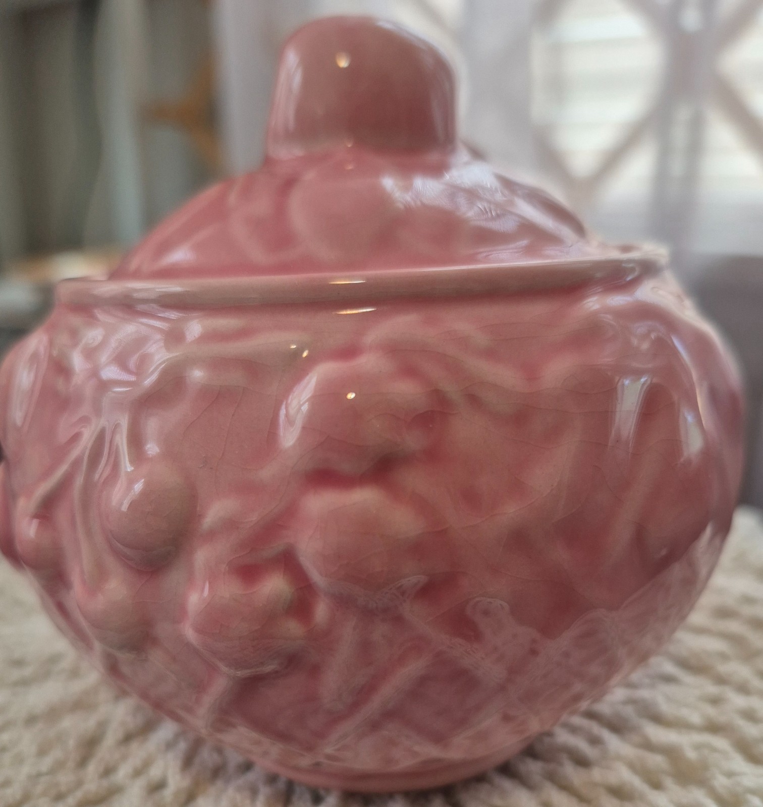 Wade glazed ceramic Pink Fruit Basket Creamer and Sugar Bowl with lid