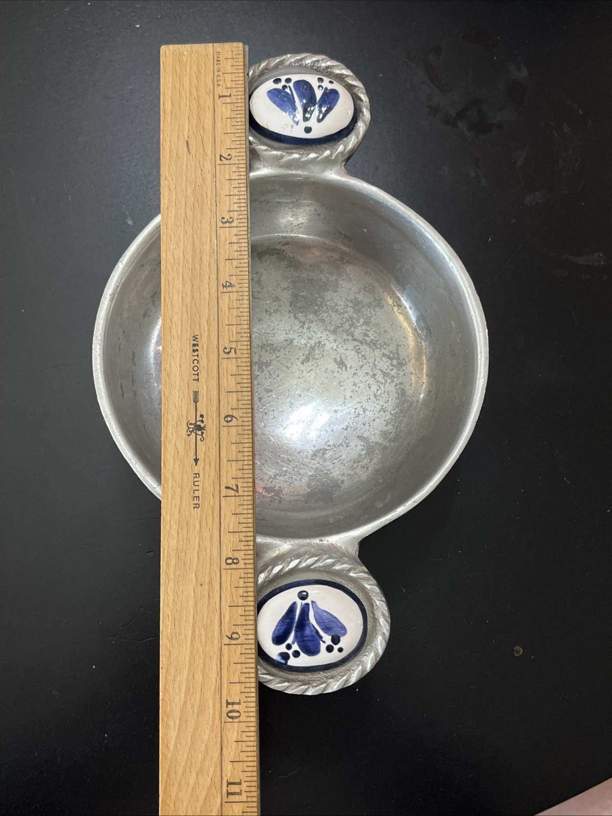 Handmade Rustic Alumminum Bowl With Blue And White Pottery Detailed Handles