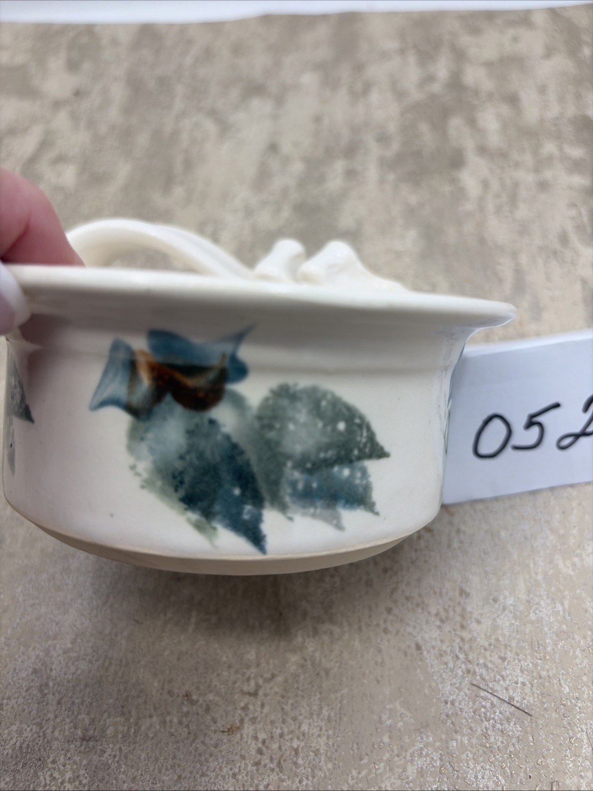 Handmade Studio Art Decor Trinket Dish Top Ribbon Design With Green & Blue Leaf