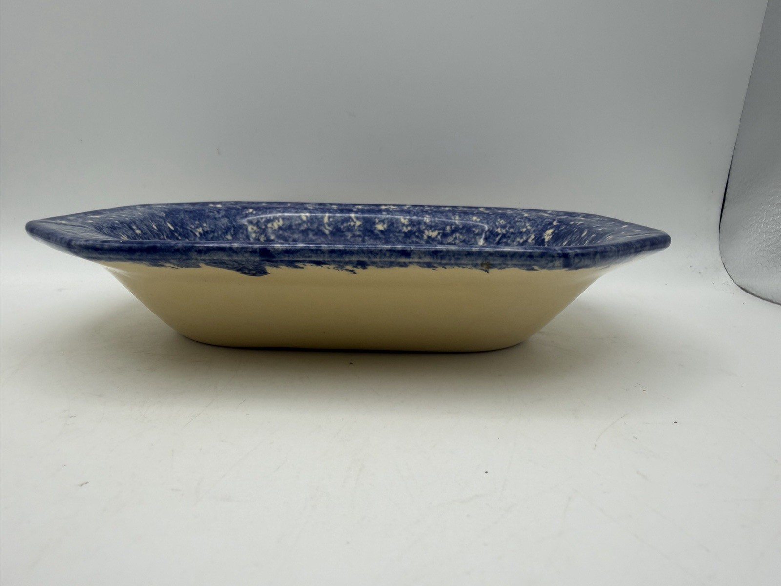 Molly Dallas Blue Spongeware Cow Octagon Serving Bowl Folk Art Pottery Signed