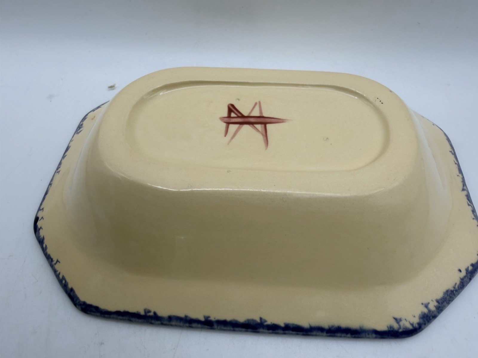 Molly Dallas Blue Spongeware Cow Octagon Serving Bowl Folk Art Pottery Signed