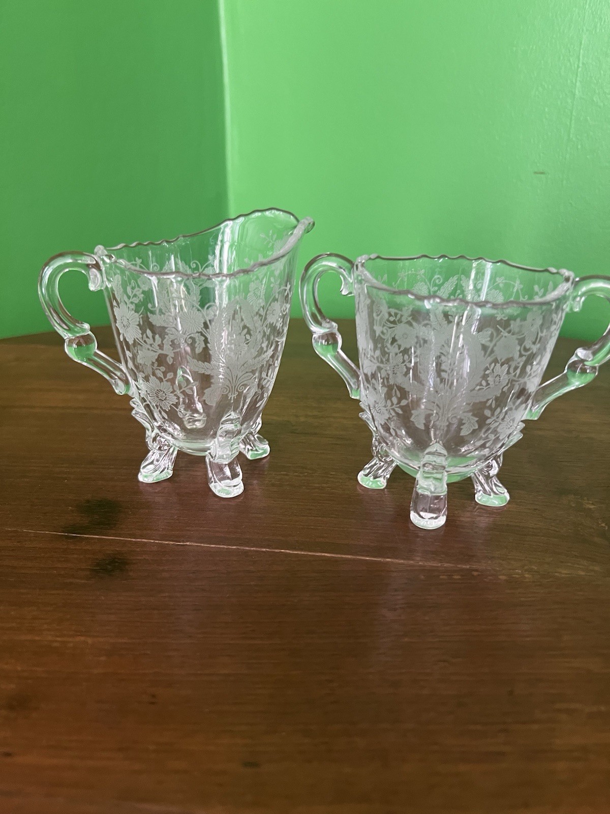 Clear Glass Etched Patterns Creamer & Sugar Set with Handles, Elegant Pressed