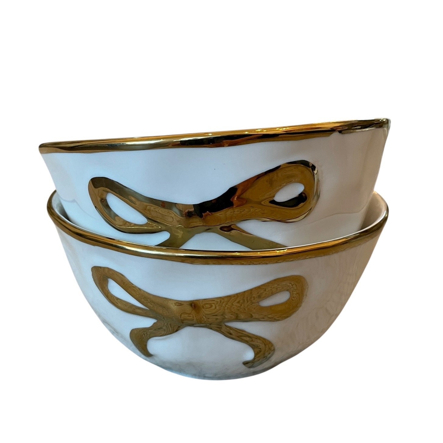 Hand Painted Coquette GOLD BOW Salad Bowls 6.25in White Ceramic Set of 4 NEW