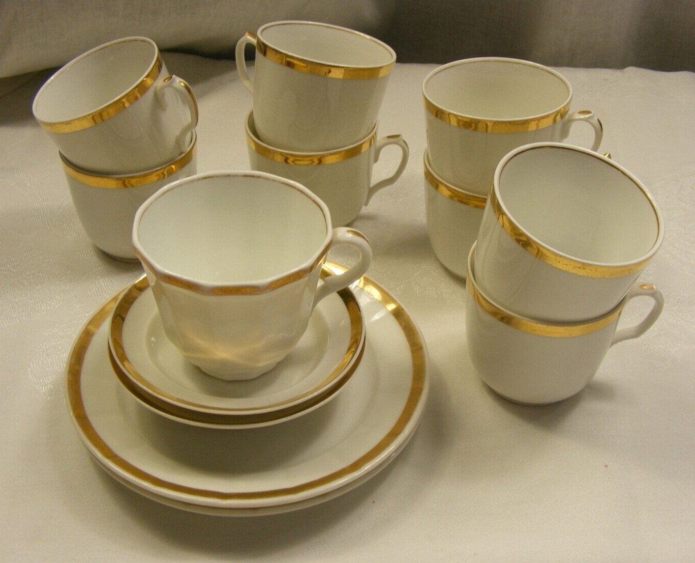 Vintage Lot 14 Pieces White Bowls Plates Cups China Gold Trim 8-C