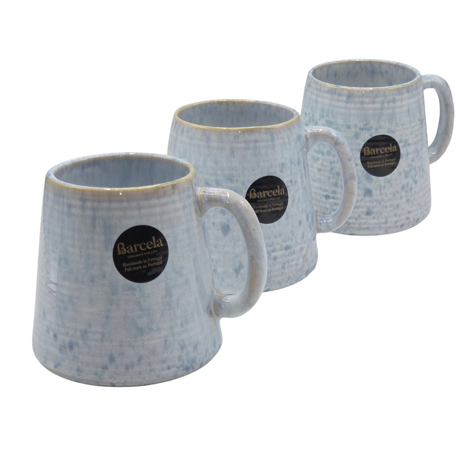 Barcela Handmade Stoneware Mug Set 4 White Blue Reactive Speckled Glaze Portugal