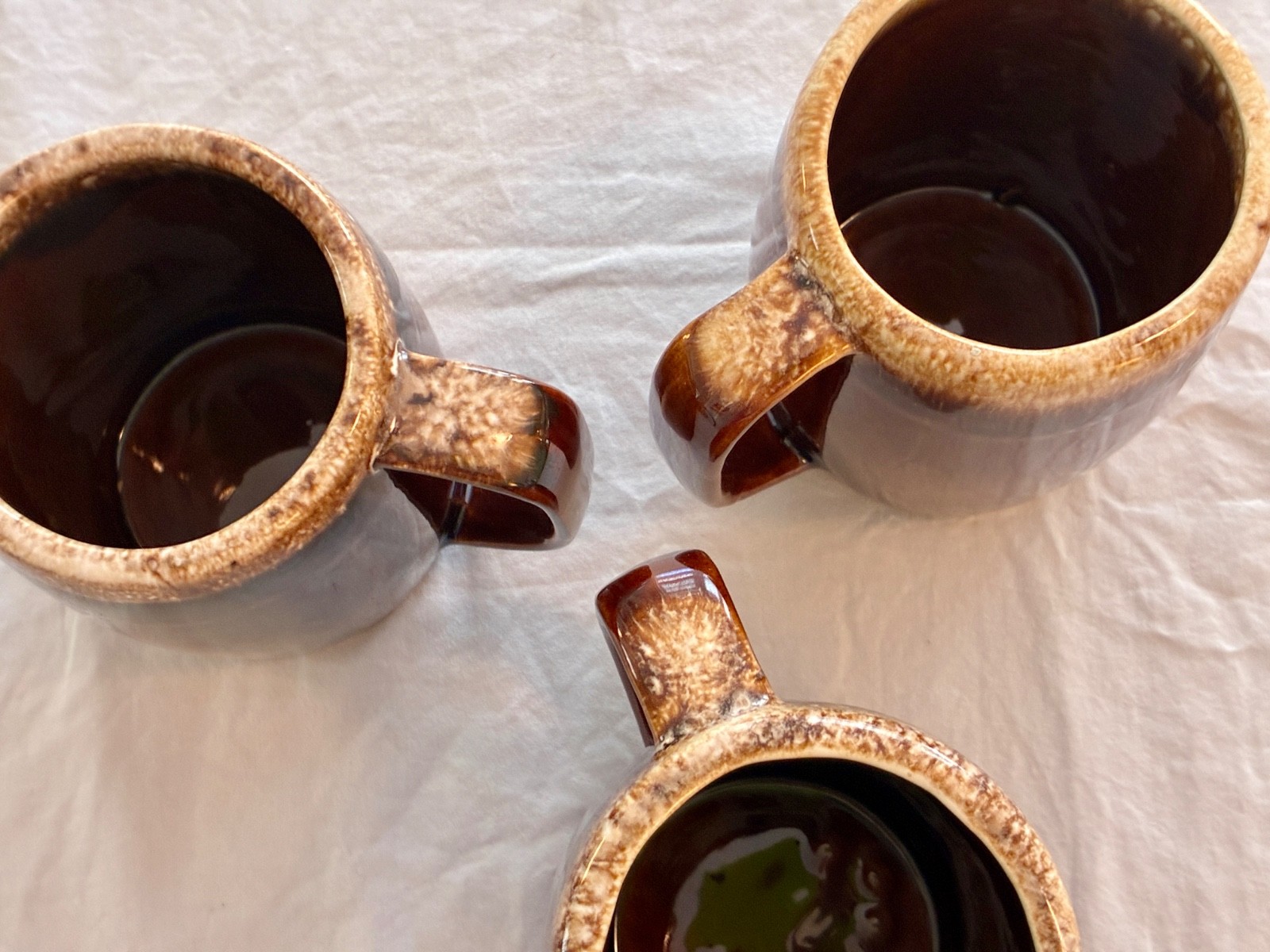 Vintage Mid Century Hull Pottery USA Brown Drip Glaze Mugs Set of 3 Oven Proof