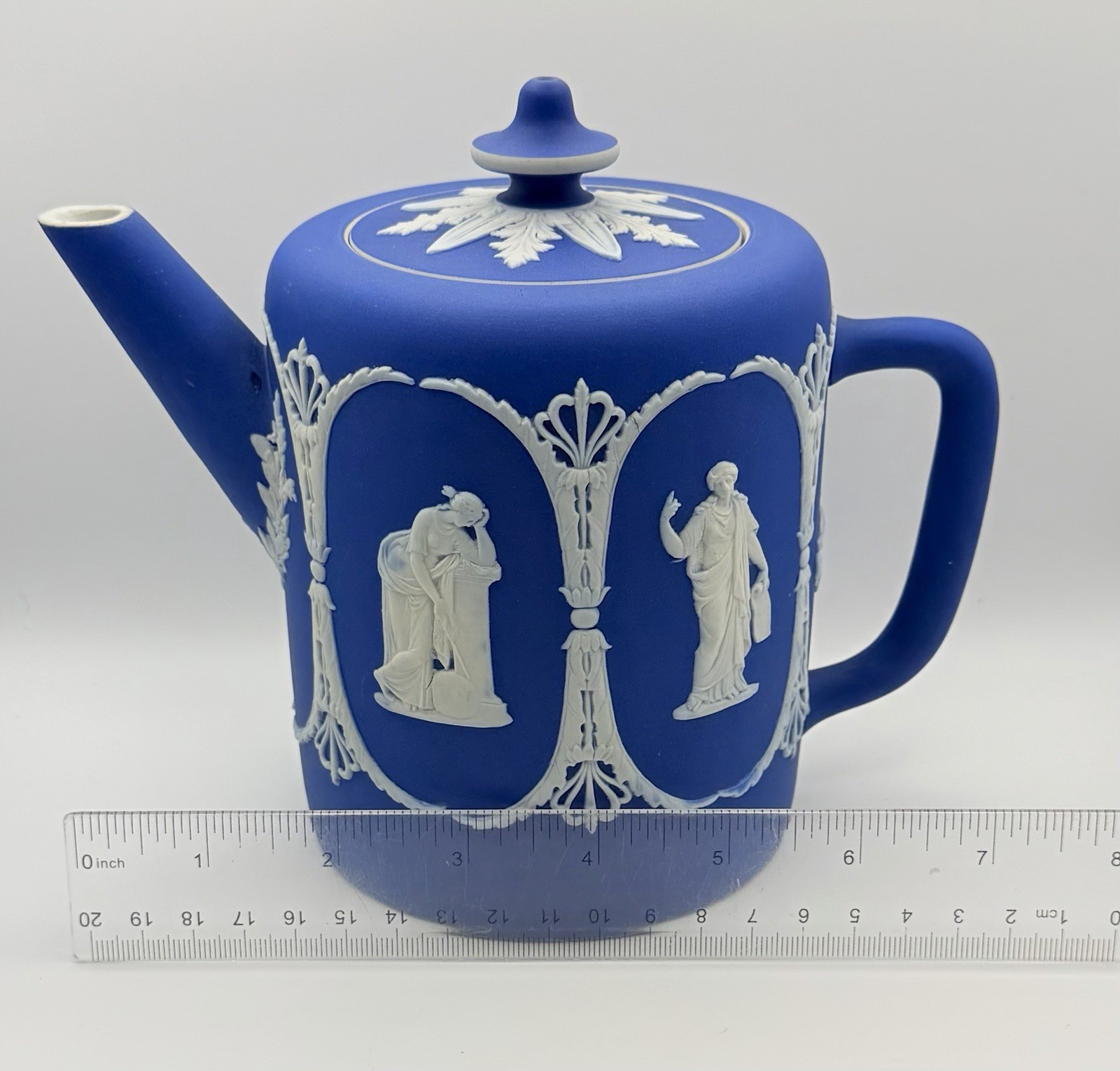ANTIQUE WEDGWOOD STYLE COBALT BLUE JASPERWARE TEAPOT NEOCLASSICAL UNMARKED? FLAW