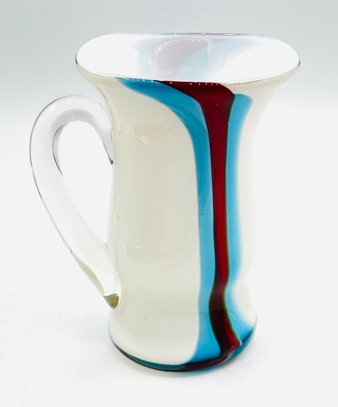 Gorgeous Handblown Art Glass Pitcher Carafe Vase in Fun Red White & Blue 8”