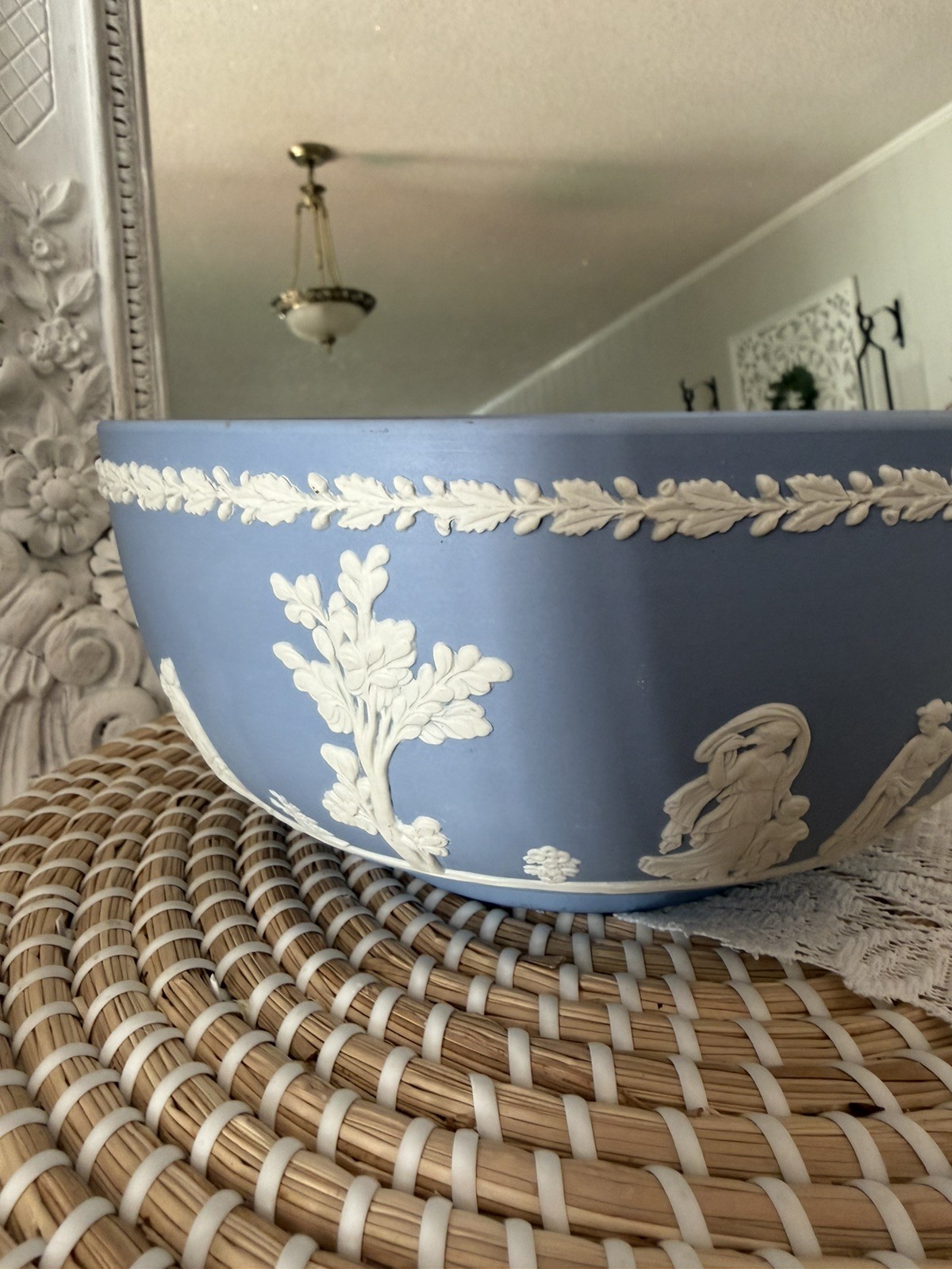 Vintage Wedgwood Blue Jasperware Neoclassical Sacrifice 8″ Bowl -Made in England