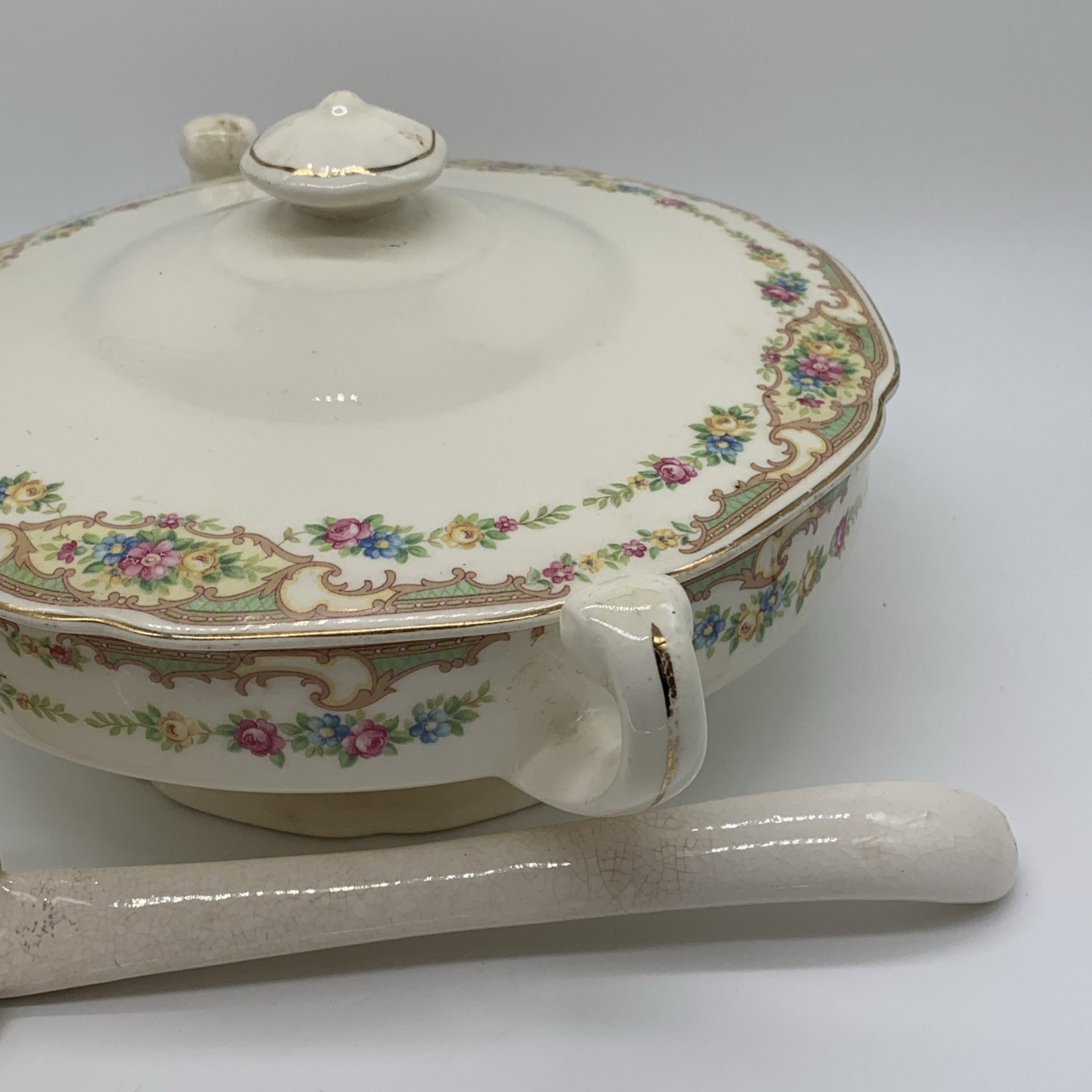 Vintage Ceramic Covered Vegetable Mildred Style, Ladle, Aged Prominent Crazing