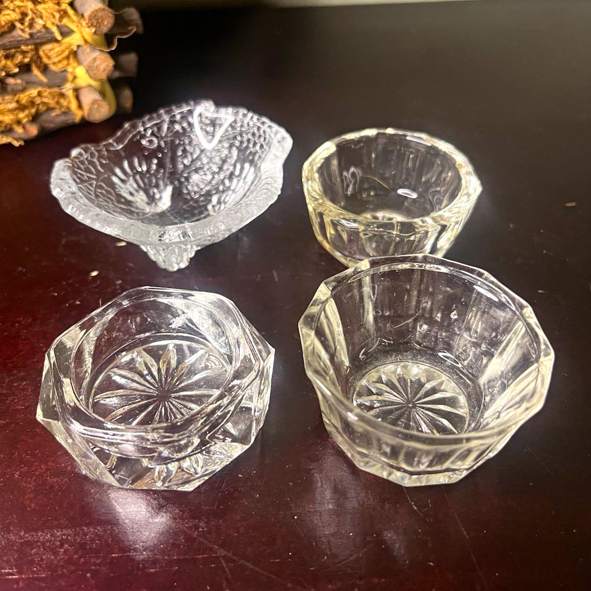 Lot of 4 Vintage Pressed Glass Open Salt Cellars Salt Dip Mixed Patterns Antique