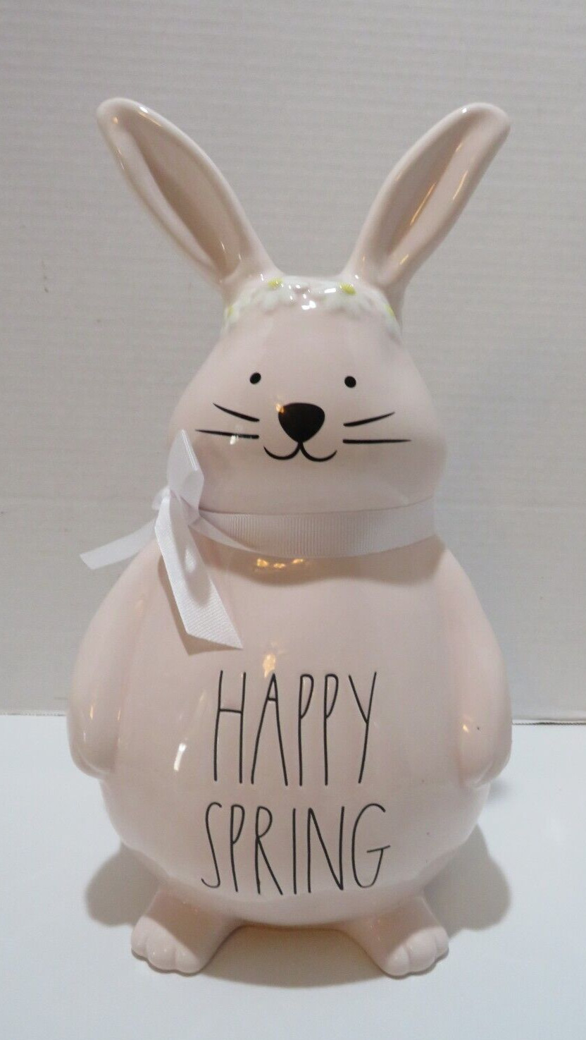 RAE DUNN “HAPPY SPRING”PINK EASTER BUNNY W/CROWN OF DAISIES & RIBBON NEW 12”