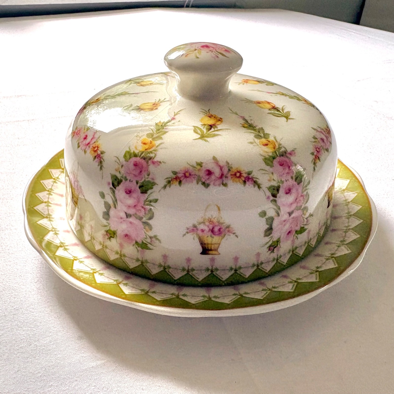 Powell Craft Floral Porcelain Covered Butter Dish/Cheese Dome Roses Green Border