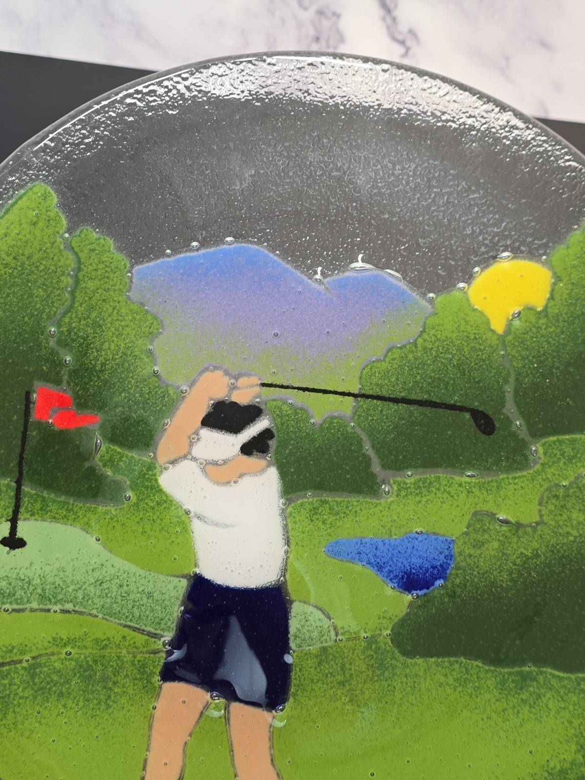 Vintage Peggy Karr Signed Fused Glass Lady Woman Golfer Plate 11.25″ Golf