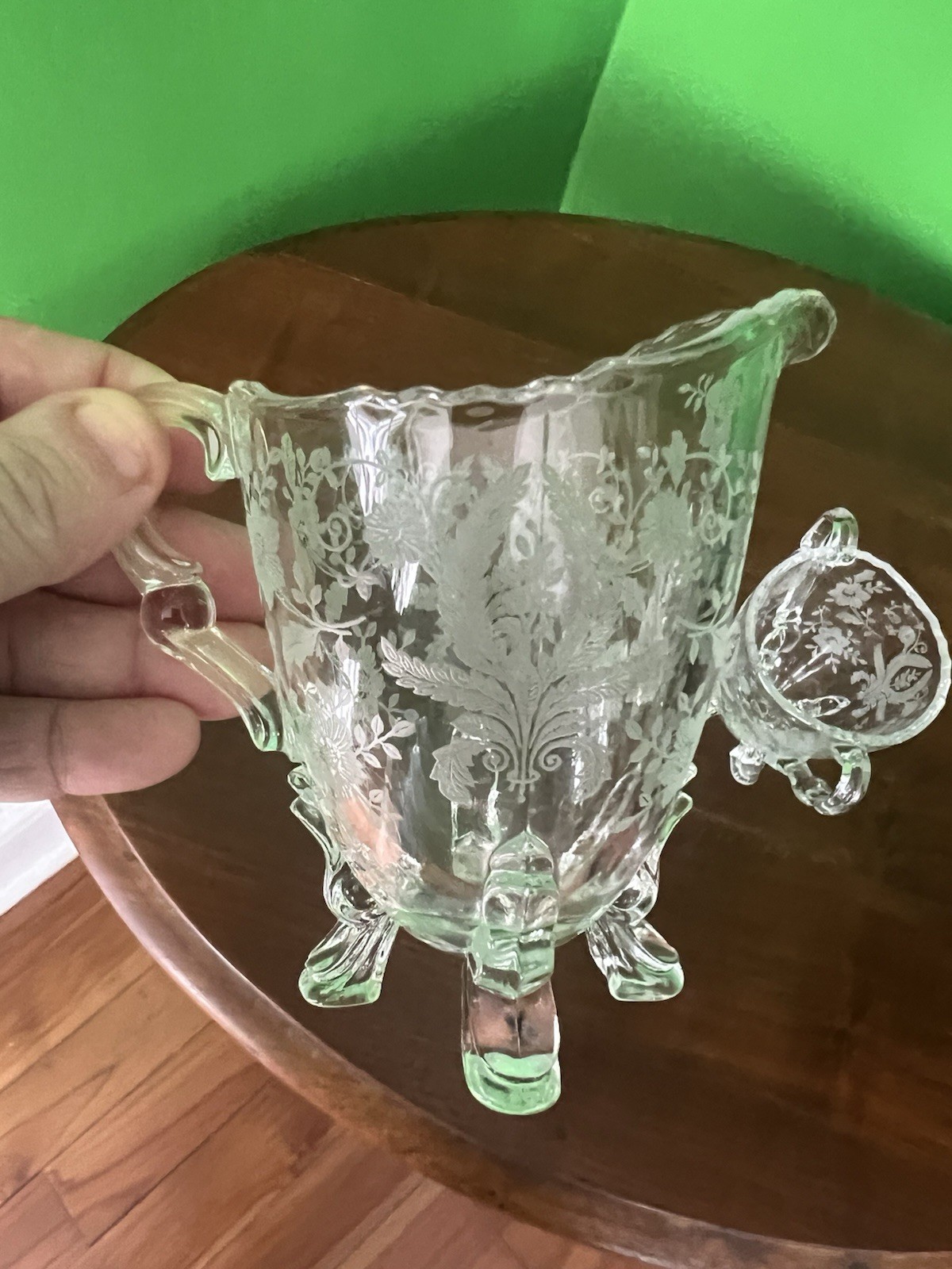 Clear Glass Etched Patterns Creamer & Sugar Set with Handles, Elegant Pressed