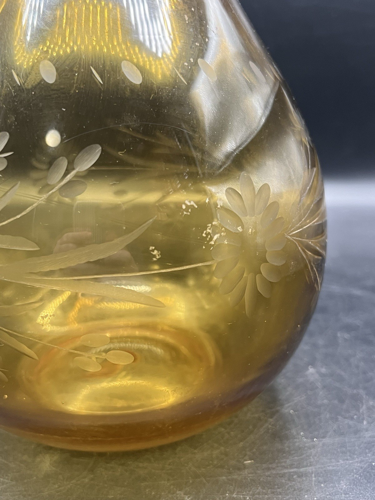 Pitcher Hand Blown Etched Glass Amber Applied Handle MCM 9.5” Vintage