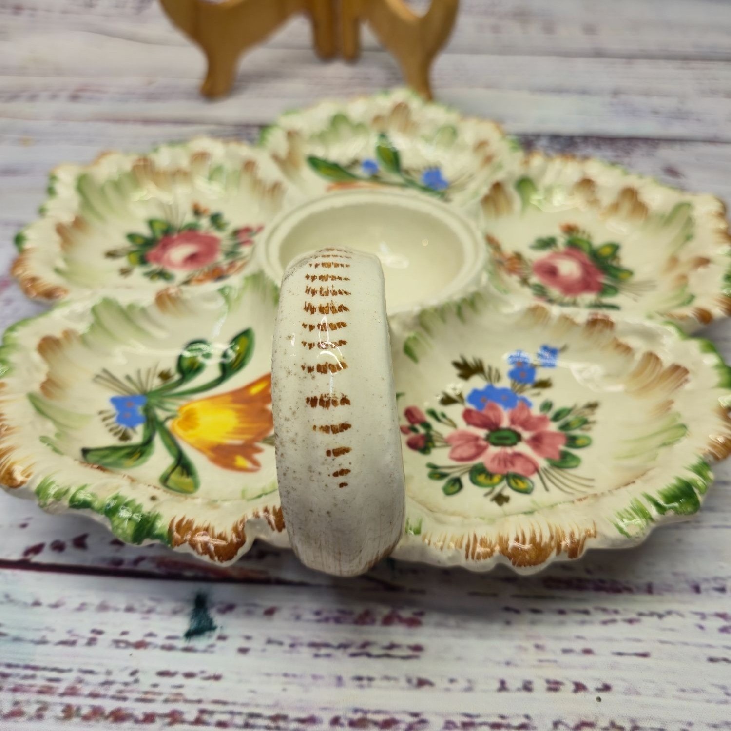 Vintage Ovington New York Italian Pottery Divided Relish Dish Handle bright art