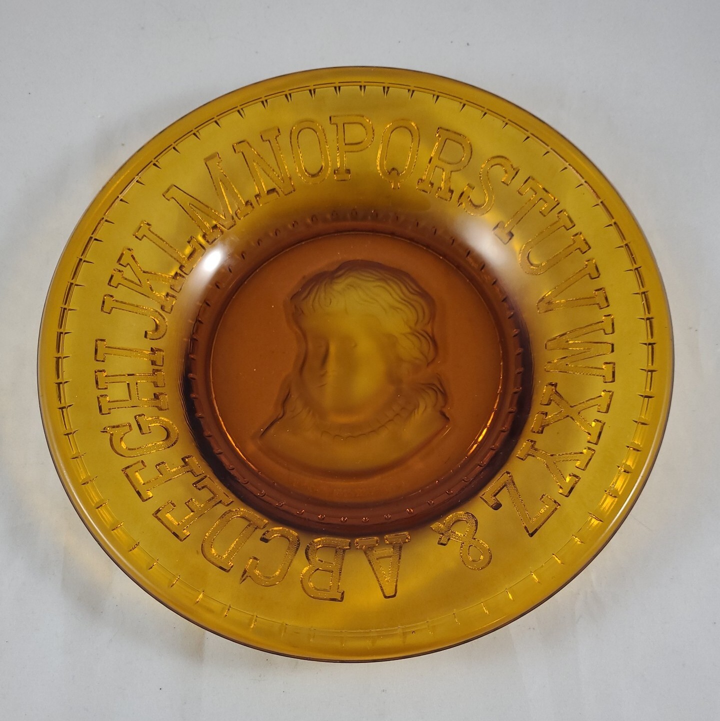 Antique Boy ABC Plate Emmas Homstead Glass Work Of Bryce Higbee & Co. #531 Amber