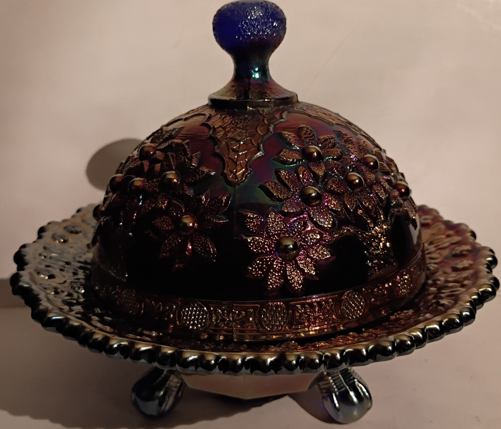 Fenton Orange Tree Blue Carnival Doomed Butter Dish 6.5″ Tall 7.25″ Dia Stunning