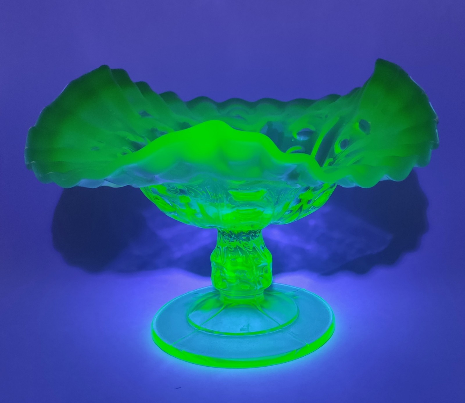 Antique Dugan Canary Opalescent Vaseline Glass Coin Spot Compote UV Glow