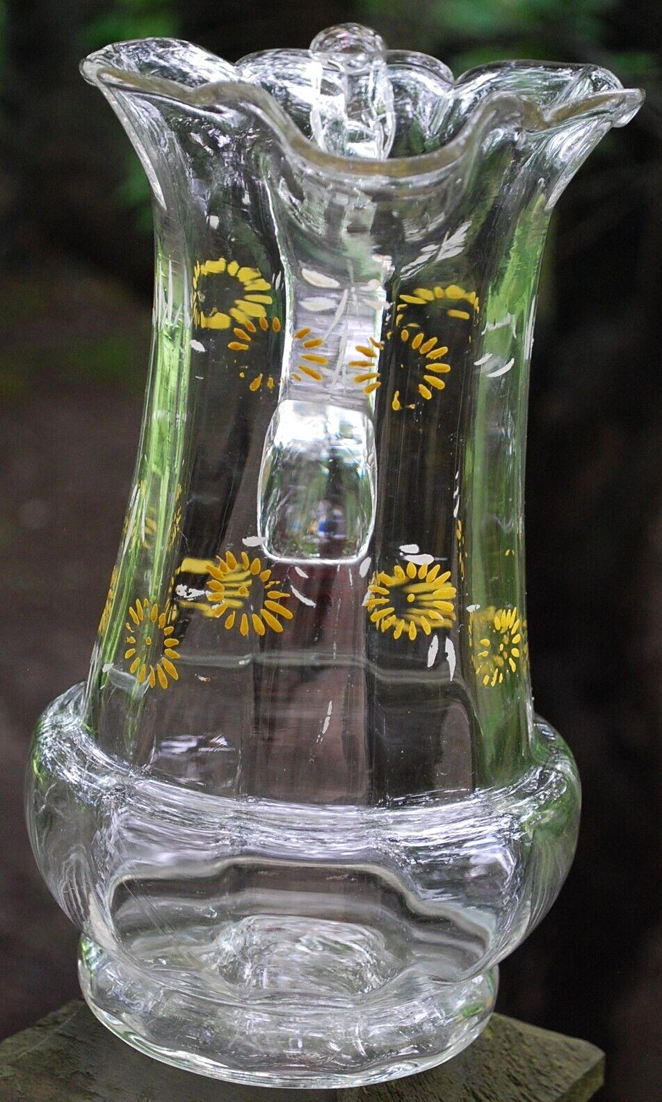 Antique Victorian PITCHER Clear Optic Glass FLORAL ENAMELED DAISIES Petal Rim