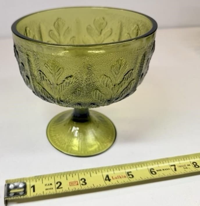 Vintage FTD Green Pressed Glass Pedestal Compote Bowl Leaf Pattern Round