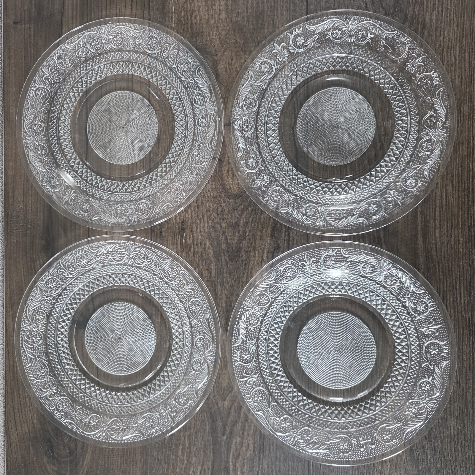 KIG Malaysia Pressed Glass Plates Set 4 Fleur De Lis Clear Vintage