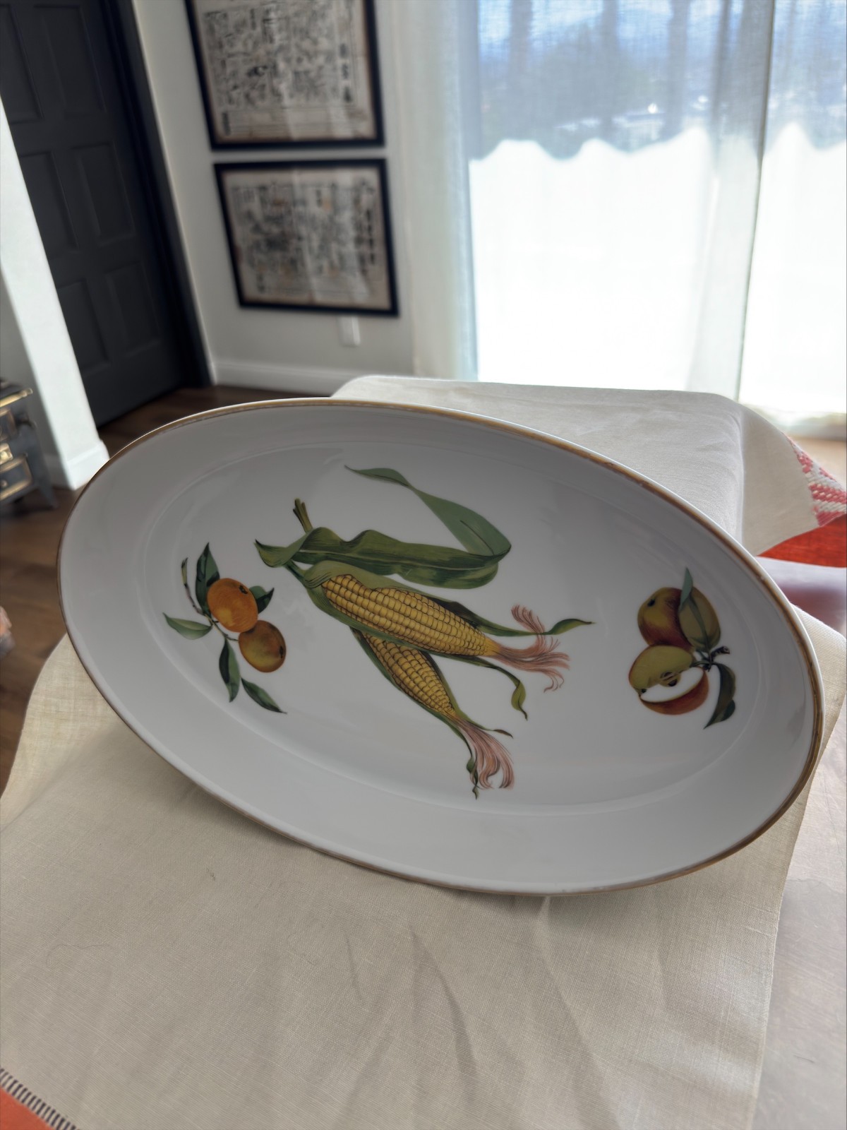 Royal Worcester Evesham Oval Platter – 14 Inch Porcelain Fruit Corn Gold Trim