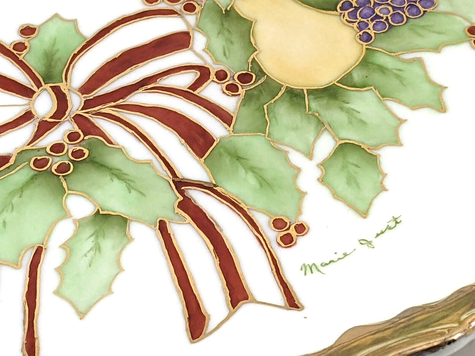 Hand Painted Ceramic Fruit Holly Berry Handled Platter Heavy Gold Trim Signed
