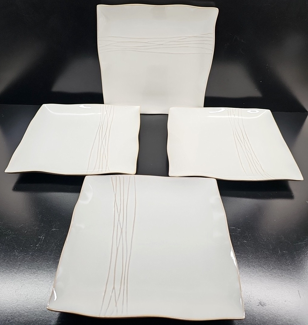 (4) Pier 1 Sakui Dinner Plates Set Square Emboss Elegant Dining Serving Dish Lot