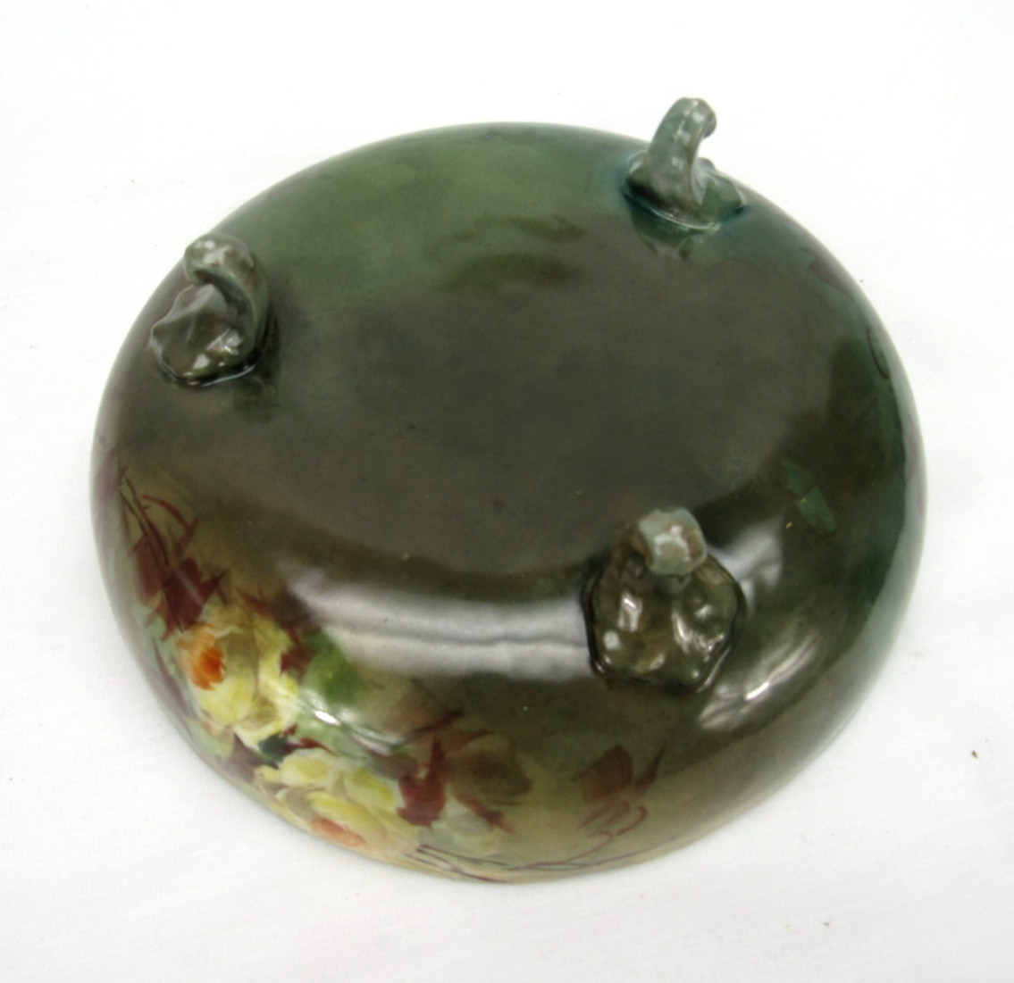 Antique Hand Painted tri Footed Bowl Green with yellow Roses 7.25 inch Dish