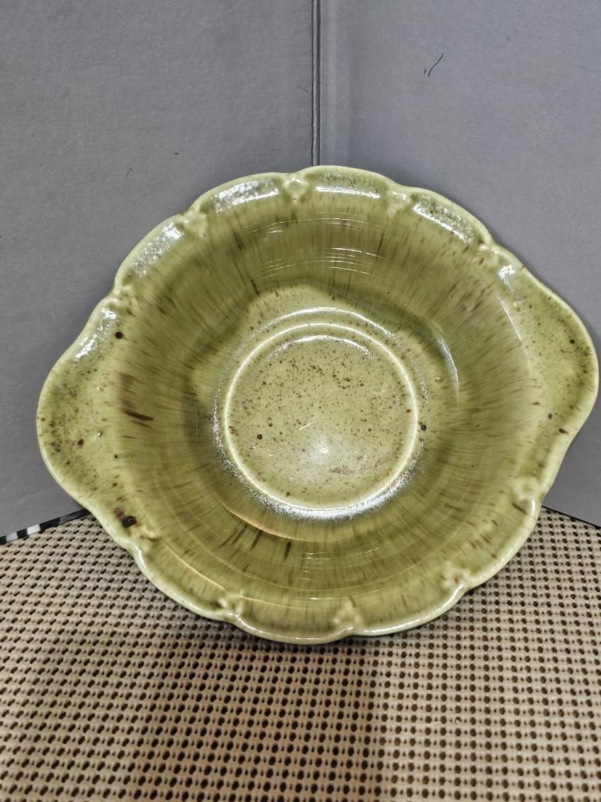 Sage And Brown Pottery Bowl. 7.75 In. Artist Signed..