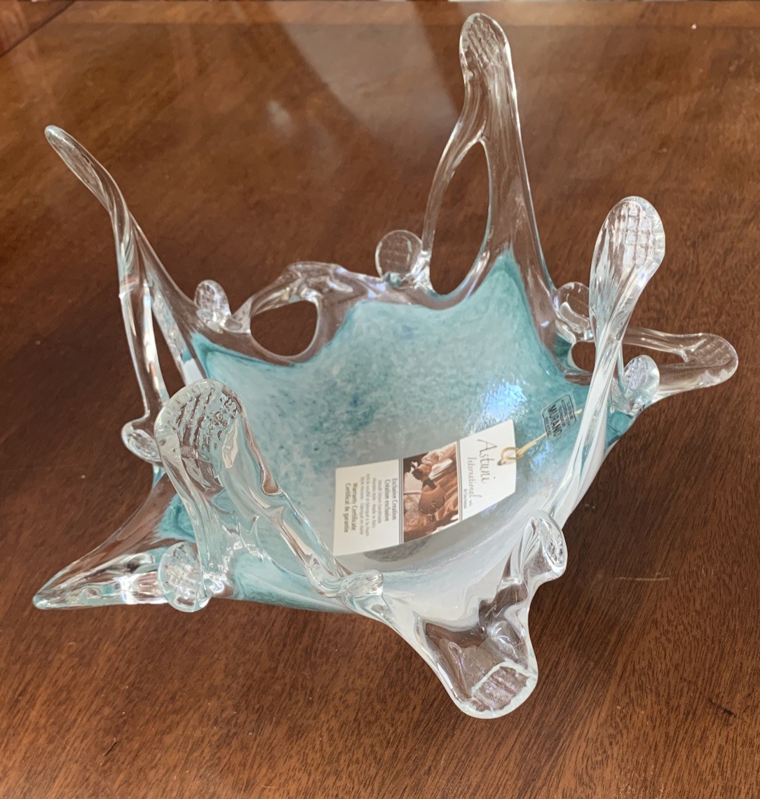 Murano Style Art Glass Mouth Blown Bowl Teal Aqua Blue White Exquisite All Tags