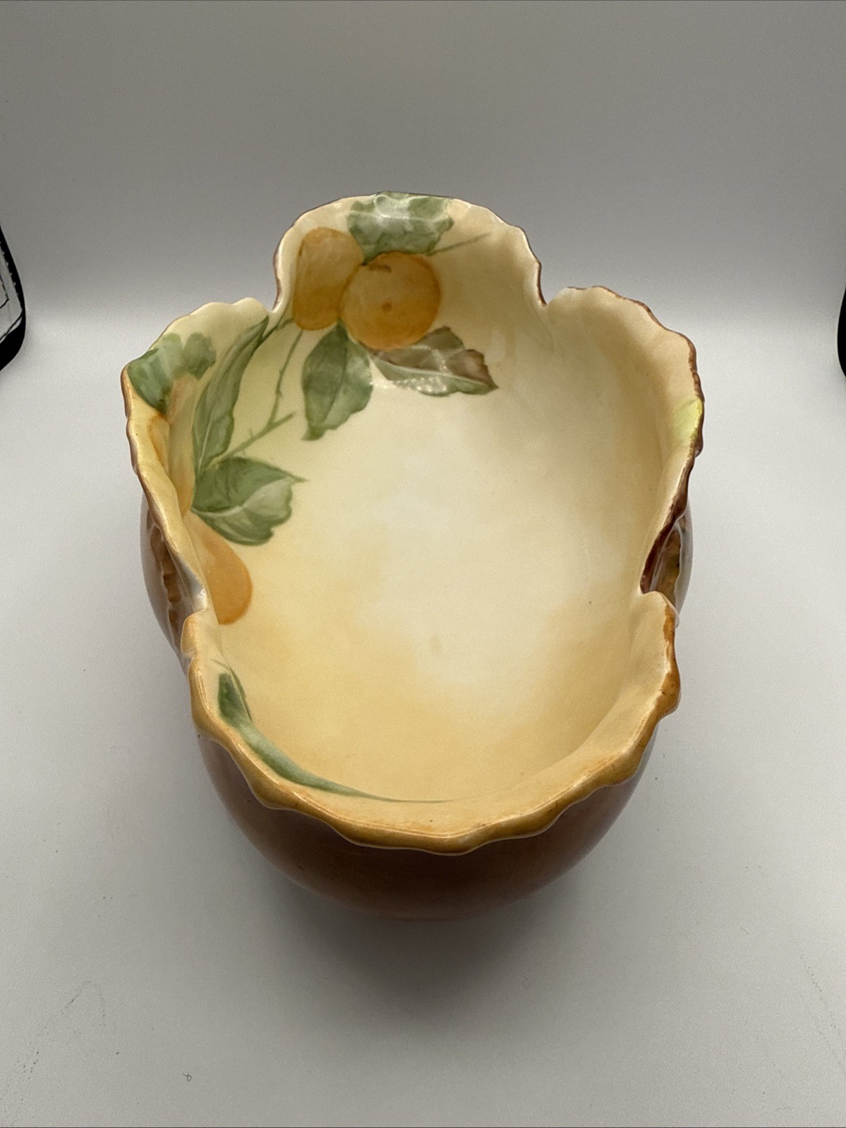 VTG Majolica painted ceramic footed centerpiece bowl with vibrant fruit and Leaf
