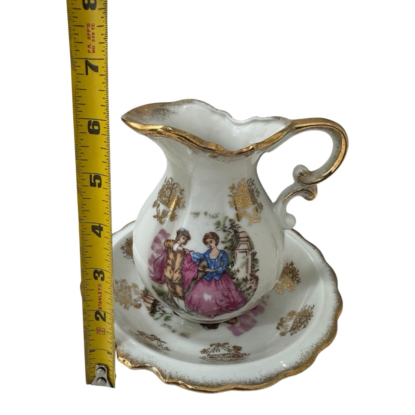 Vintage Japan Creamer and Saucer Courting Couple Victorian Scene Gold Gilt