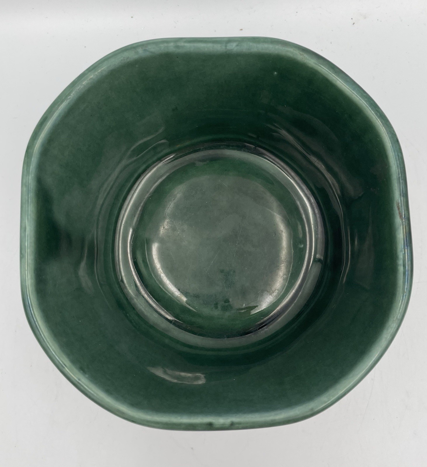 Hull Pottery USA F87 Bowl Dish Dark Green Drip Glaze Octagon 5.25” x 5.25” MCM