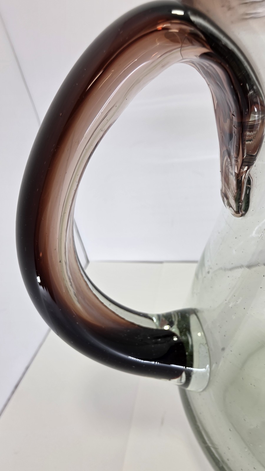 Mexican Hand Blown Glass Pitcher Light Brown Rim and Handle 9″ Beautiful