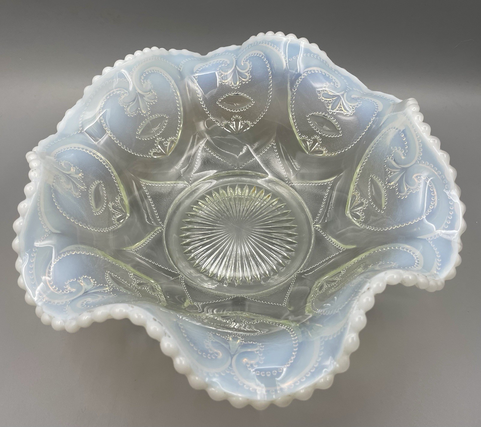 Antique Northwood Dugan Opalescent Glass Jeweled Heart Serving Berry Bowl EXC