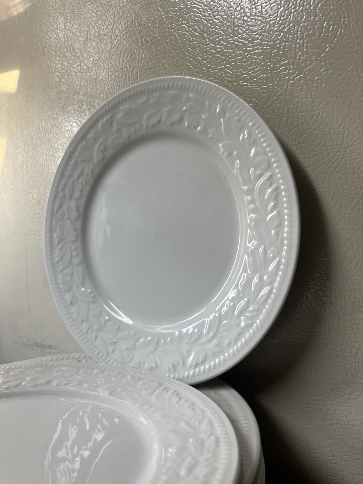 (8) Sango “Garland 8837″ Stoneware Salad Plates ~ 8” Dia. Embossed Ivory White