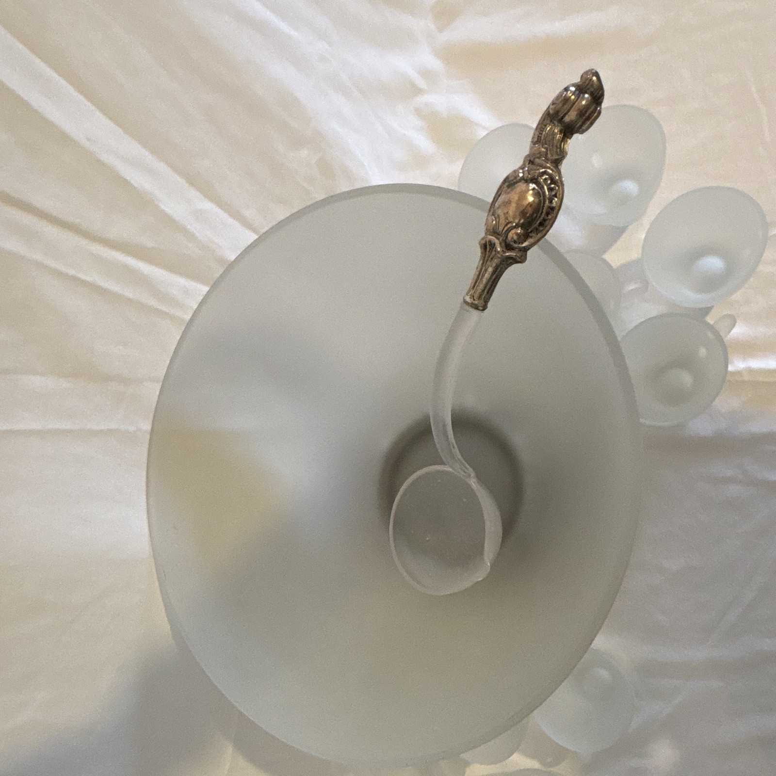 Unmarked Frosted White Glass Round Punch Bowl Set w/ Matching Cups & Ladle
